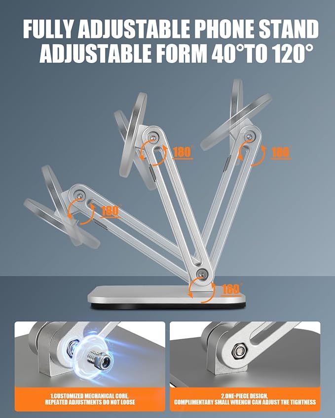 Magnetic Phone Stand for Desk, Foldable & Adjustable Magnetic iPhone Stand Holder with Non Slip Pad for Desk/Home/Office, Compatible with iPhone 16/15/14/13 All Series