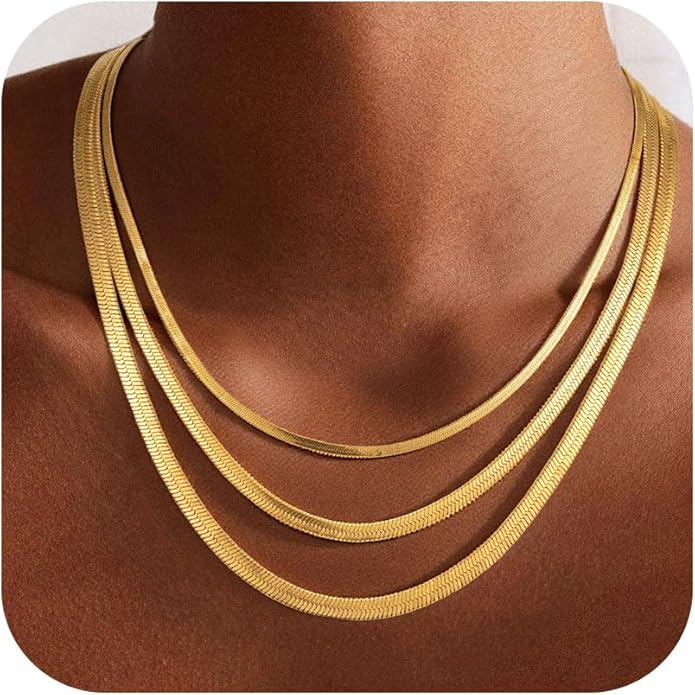 Gold Necklace for Women, 18K Gold Plated Layered Herringbone Necklace Choker Chain Necklaces Dainty Gold Necklaces Waterproof Jewelry for Women Non Tarnish