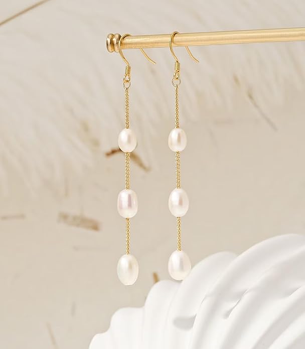 Long Pearl Earrings for Women 925 sterling silver Pearl Dangle Earrings Hypoallergenic Elegant Wedding Pearl Tassel Earrings for Bridal Christmas Gift…