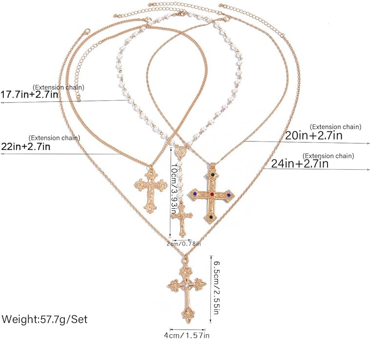 Gold Color Cross Pendant Necklace Set for Women,Dainty Big Crystal Cross Imitation pearl Layered Chain Necklace Summer Party Jewelry