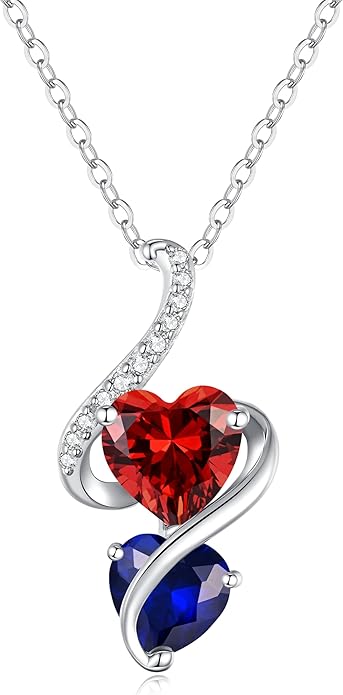 LOUISA SECRET Unique Double Heart Necklace Gifts for Wife Women, 925 Sterling Silver Tiny Birthstone Pendant Jewelry Gift for Her Girlfriend Mom Valentine's Day Anniversary Mother's Day Birthdays & Christmas