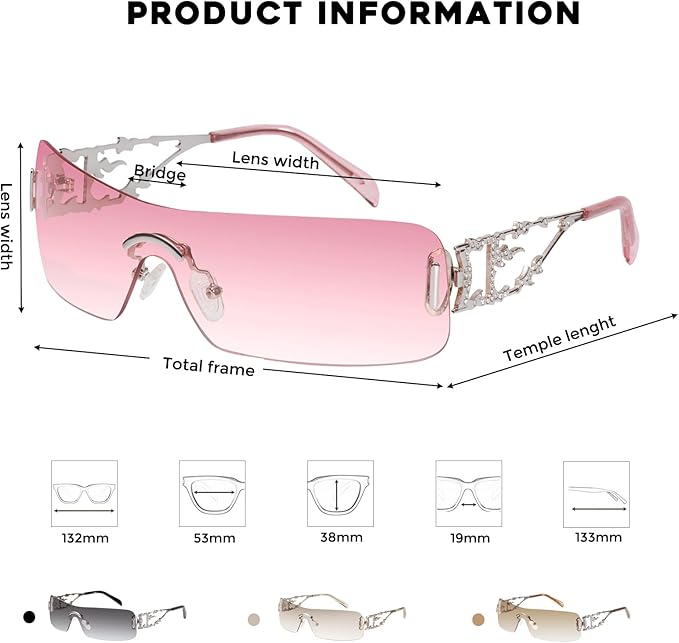 mosanana Y2K Rhinestone Flame Rectangle Sunglasses for Women with Bling Glitter MS52350
