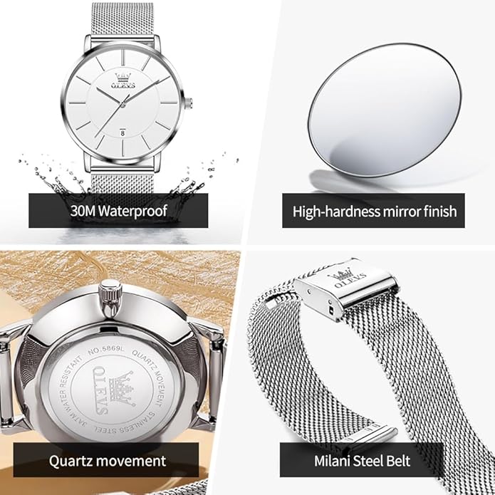 OLEVS Mens Watches Minimalist Ultra Thin Fashion Casual Analog Quartz Date Watch Waterproof Slim Simple Big Face Dress Wrist Watch Leather Band for Men