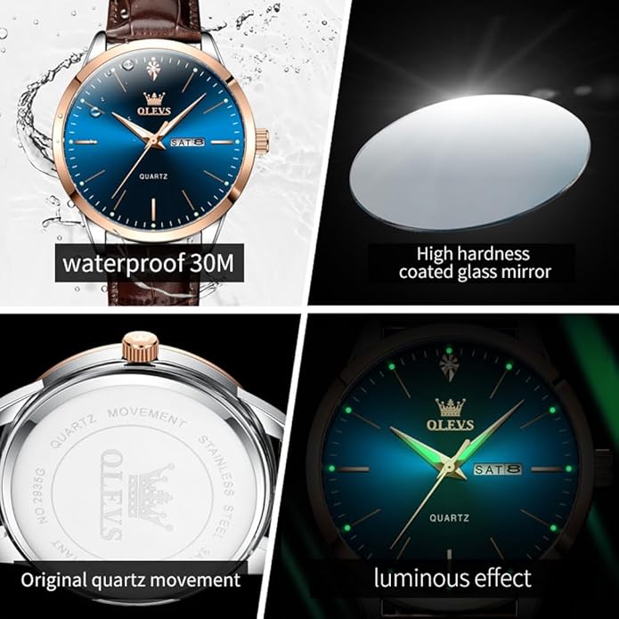 OLEVS Mens Watches, Casual Leather Watches for Men Easy to Read Quartz Number Watch with Date Waterproof Blue/Black/Silver Face Men's Wrist Watches…