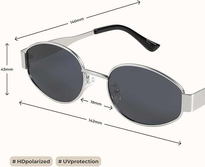 livho Retro Polarized Sunglasses - UV400 Protection, Oval Shape, Metal Frames - Matching Soft Case Inlcuded
