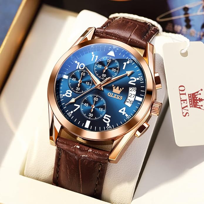 OLEVS Men's Watches Brown Leather with Date,Casual Watches for Men,Large Face Watches Men,Chronograph Mens Watch,Sport Waterproof Business Dress Analog Quartz Men's Wrist Watches Reloj De Hombre