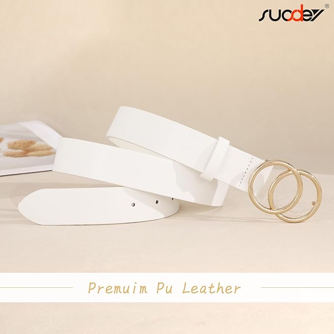 SUOSDEY Women Leather Belt Fashion Double O-Ring Soft Faux Leather Waist Belts For Jeans Dress