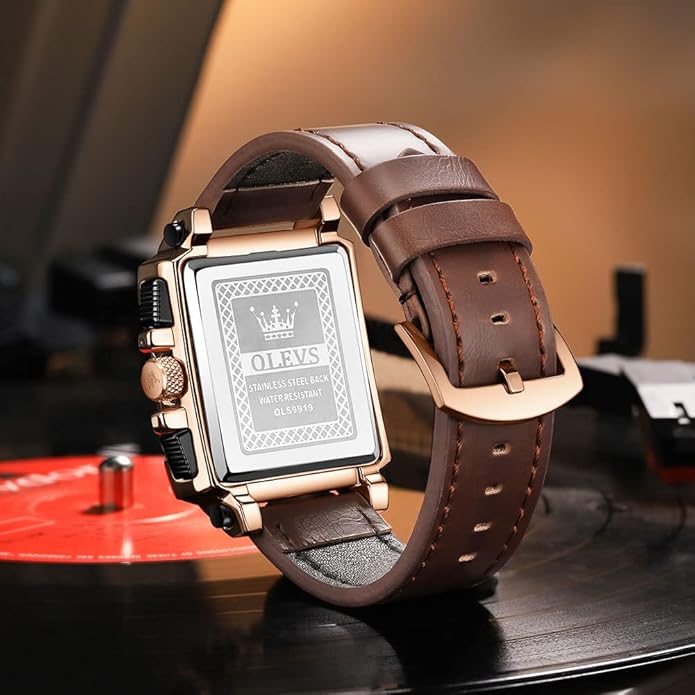 OLEVS Men's Casual Leather Watch, Big Face Chronograph Watch for Men, Fashion Easy to Read Dress Watch, Men's Waterproof Luminous Date Analog Watch, Gold/Black/White/Blue Dial