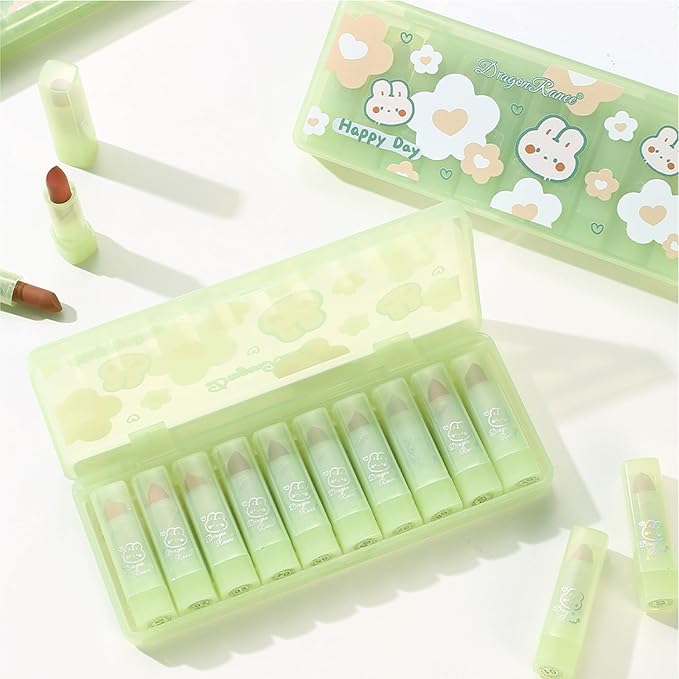 10 Pcs Lip Tint Set Cute Glossy Lip Stains and Matte Lipsticks with Long-lasting and Quick-drying Mini Lip Gloss Lipstick for Makeup Gift (Green Rabbit, Lipstick)