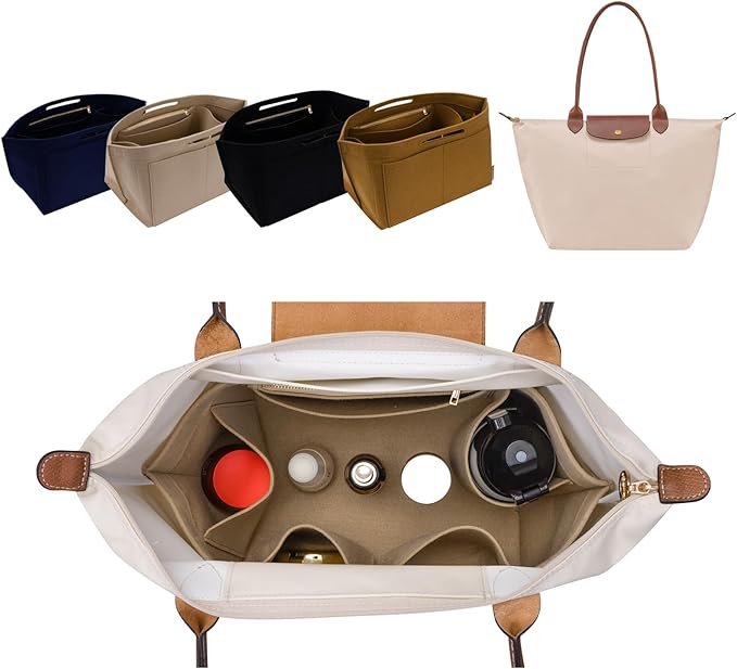 ZTUJO Purse Organizer Insert For Longchamp Le Pliage, Premium Felt Longchamp Purse Organizer Insert Small Medium Large, Tote Organizer Insert (Beige, Large For Top Handle M And Shoulder Bag L)