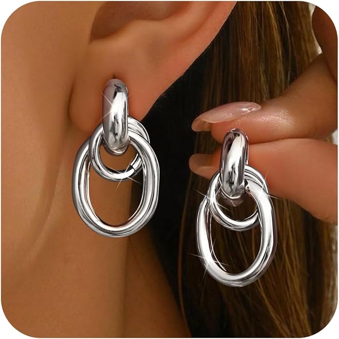 ORAZIO Chunky Gold Plated Knot Earrings for Womens Trendy 925 Silver Statement Lightweight Dangle Drop Hypoallergenic Large Geometric Stud Earring Jewelry for Women