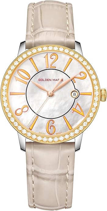 GOLDEN MAPLE Dainty Watches for Women, Mother-of-Pearl Dial and Swiss Quartz Movement, Ladies Watch with Leather Strap