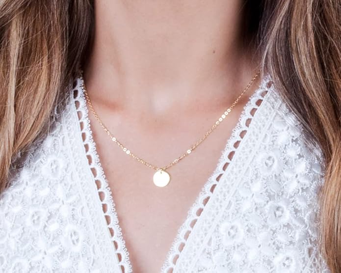 Small Gold Disc Necklace - Minimal Designer Handmade Coin Necklace 16 inch + 2 inch Extender