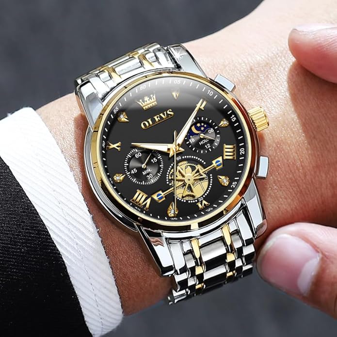 OLEVS Men Silver Watches,Men's Stainless Steel Chronograph Watch,Man Analog Quartz Big Face Male Watches Luxury Waterproof Roman Numeral Dress Diamond Relojes para Hombre
