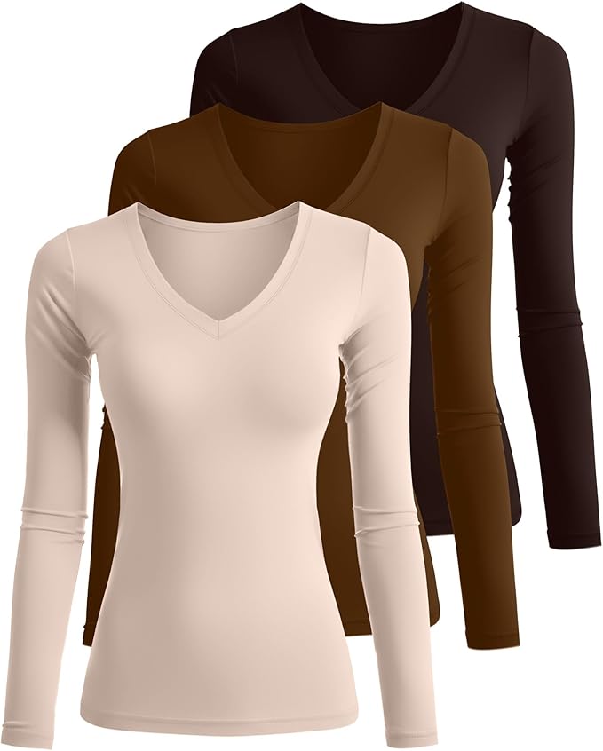 Ficerd 3 Pack Women's Long Sleeve Shirts, V Neck Basic Tees Slim Fitted Casual Fall Tops Going Out Blouses T Shirts