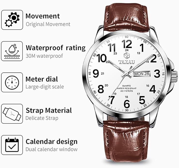 Watches for Men Leather Large Arabic Numerals Mens Watches Waterproof Band with Date Quartz Men's Wrist Watch