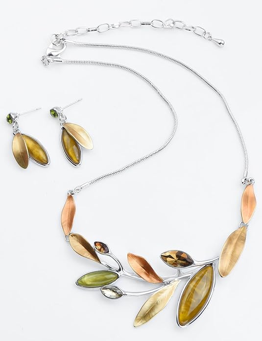 Vintage Statement Jewelry Set Leaf Floral Bohemian Boho Statement Necklace Earring Set Crystal Fashion Costume Jewelry