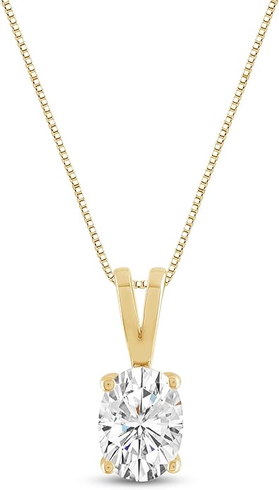 Everyday Elegance Solid 14K Gold Cubic Zirconia Solitaire Pendant Necklace for Women Heart, Princess, Round, Oval, Emerald, Pear & Cushion Cut 1 or 2 CTW | .60mm Thick 16" 18" Length Box Link Chain