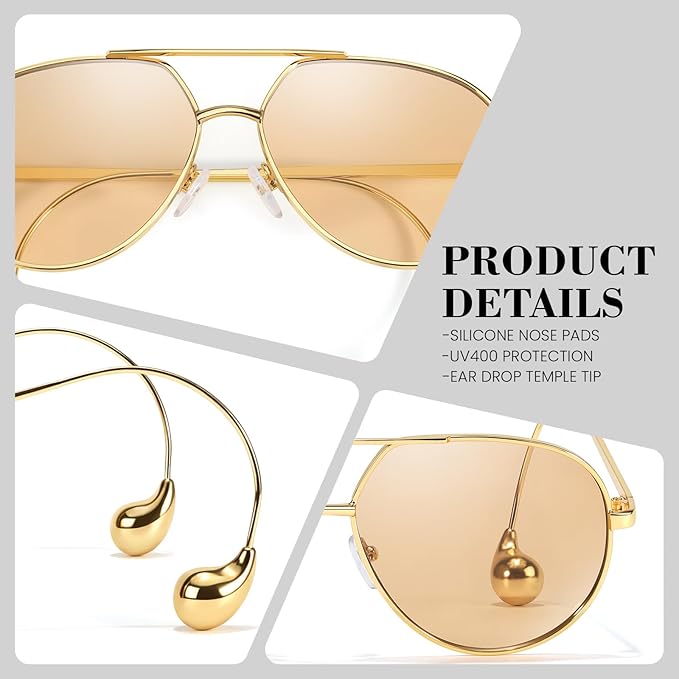 SODQW Trendy Aviator Sunglasses for Women with Earring Gold Metal Frame Fashion Sun Glasses