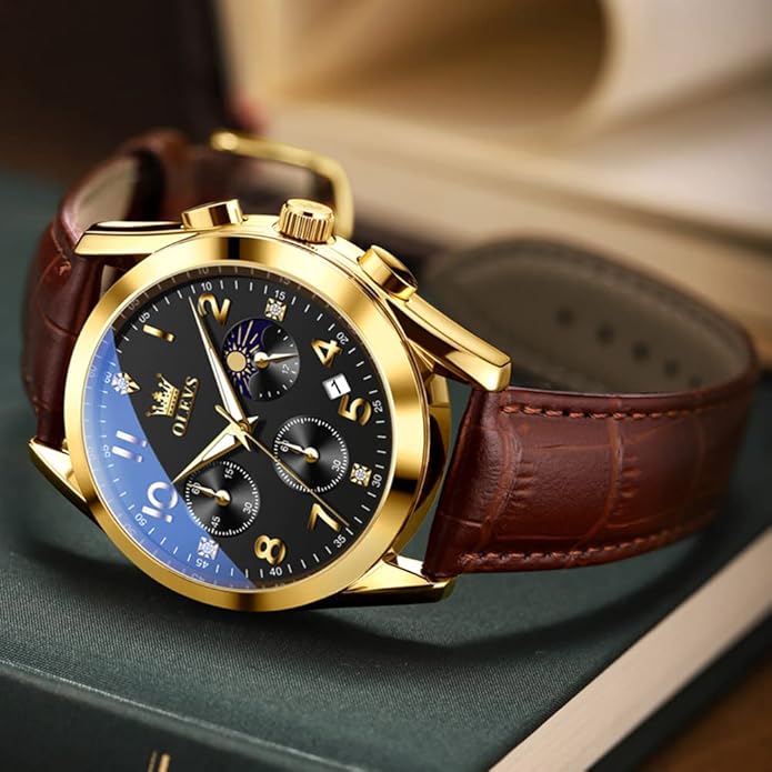 OLEVS Men's Watches Brown Leather with Date,Casual Watches for Men,Large Face Watches Men,Chronograph Mens Watch,Sport Waterproof Business Dress Analog Quartz Men's Wrist Watches Reloj De Hombre