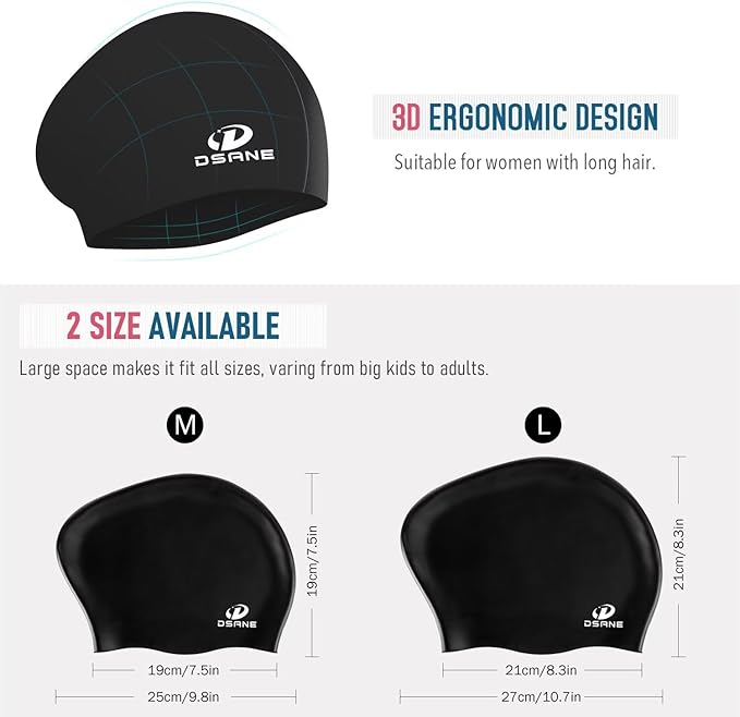 Womens Silicone Swim Cap for Long Hair,3D Ergonomic Design Silicone Swimming Caps for Women Kids Men Adults Boys Girls with Ear Plug and Nose Clip