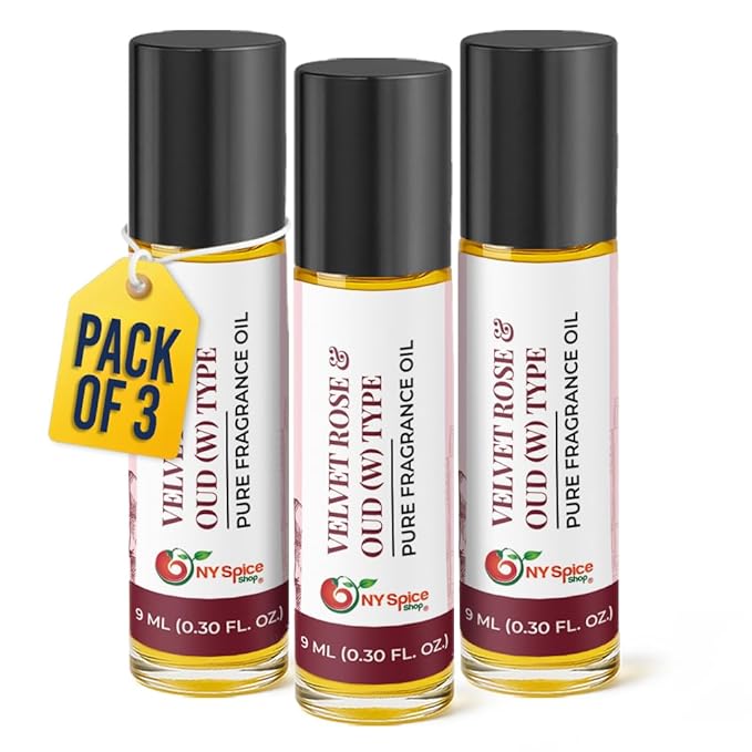 NY Spice Shop Velvet Rose & Oud W Type Musk Fragrance – Pack of 3 Velvet Roses Musk & Unisex Musky Scent – Rich Floral Aroma with Warm Wood Accord – Traditional Arabian Scent for Rose Lovers