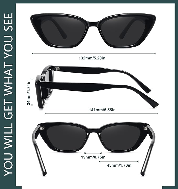 WOWSUN Small Cat Eye Sunglasses Womens Retro Narrow Trendy Polarized Sunglasses