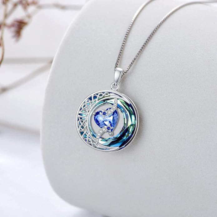 TOUPOP Birthstone Necklace 925 Sterling Silver Moon and Star Pendant with Blue Crystal Celtic Moon Jewelry Birthday Valentines Day Gifts for Women Mom Wife Her