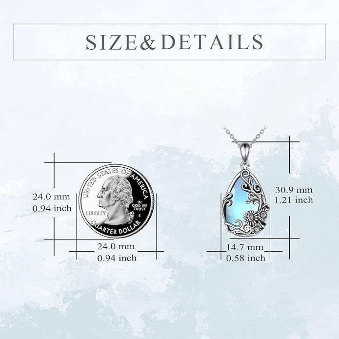 YFN Black Obsidian/Moonstone/Turquoise/Moss Agate Sunflower Filigree Teardrop Pendant Necklace Jewelry for Women - 925 Sterling Silver