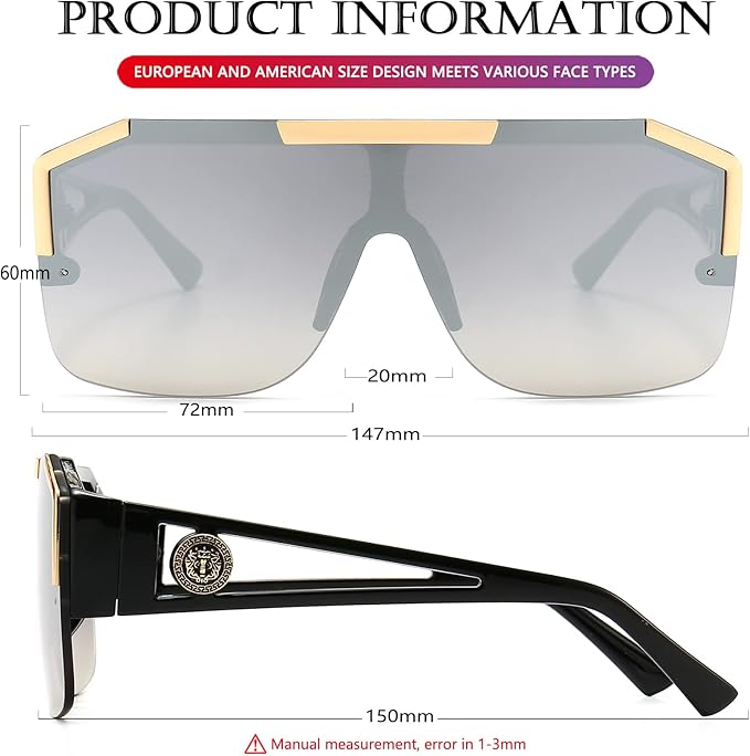 AIEYEZO Square Oversized Sunglasses Flat Top Shield Sun Glasses for Men Women One Lens Square Shades