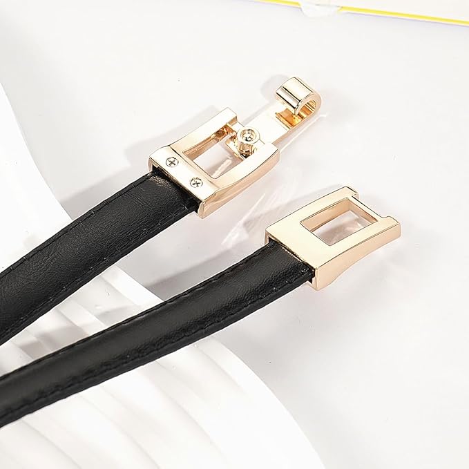 Glamorstar Skinny Belts for Women Thin PU Leather Waist Belt with Gold Buckle for Dresses