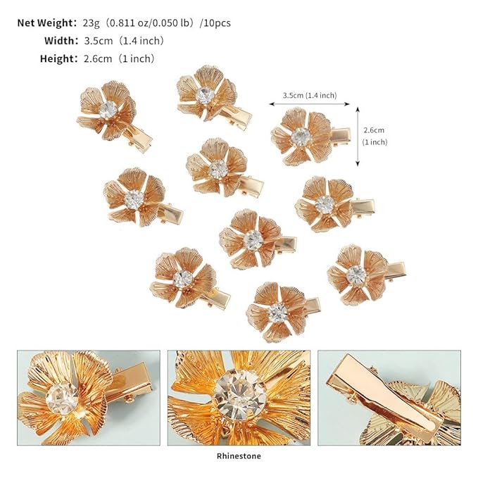 10PCS Small Flower Hair Clips Gold Crystal Hair Barrettes Alligator Hair Clips Floral Headpiece Rhinestone Floral Hair Accessories for Girls Women for Party Prom Birthday