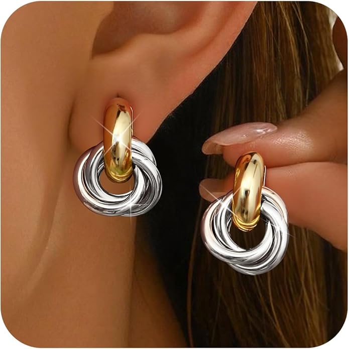 ORAZIO Chunky Gold Plated Knot Earrings for Womens Trendy 925 Silver Statement Lightweight Dangle Drop Hypoallergenic Large Geometric Stud Earring Jewelry for Women