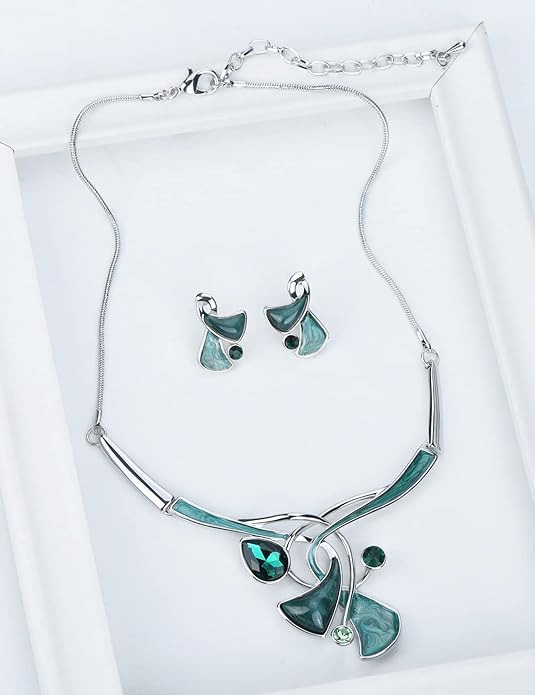 Vintage Statement Jewelry Set Leaf Floral Bohemian Boho Statement Necklace Earring Set Crystal Fashion Costume Jewelry