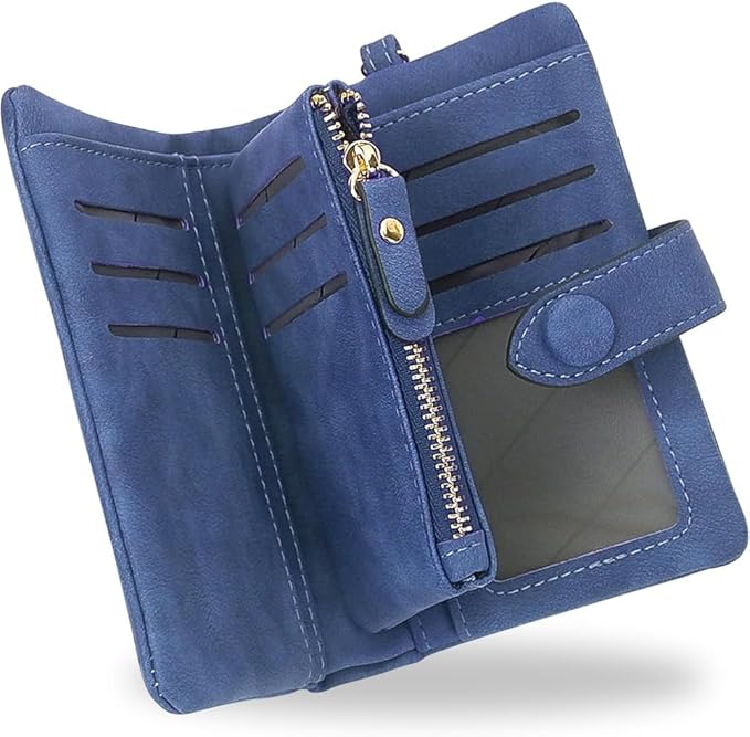 Women's Leather Wristlet Wallet, Bifold RFID Purse with ID Window, Zipper Coin Pocket for Daily Essentials (Navy blue)