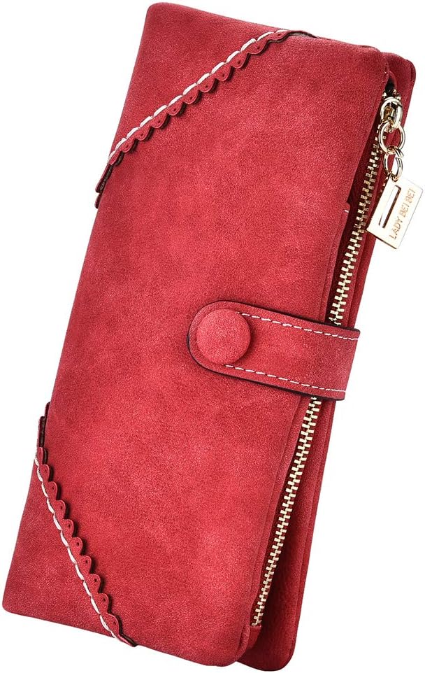 Women's Genuine Leather Bifold Clutch Wallet Large Capacity Card Organizer with Buckle Closure in Candy Colors (Red)