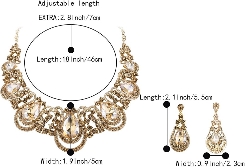 BriLove Women's Costume Fashion Crystal Teardrop Hollow Scroll Statement Necklace Dangle Earrings Set