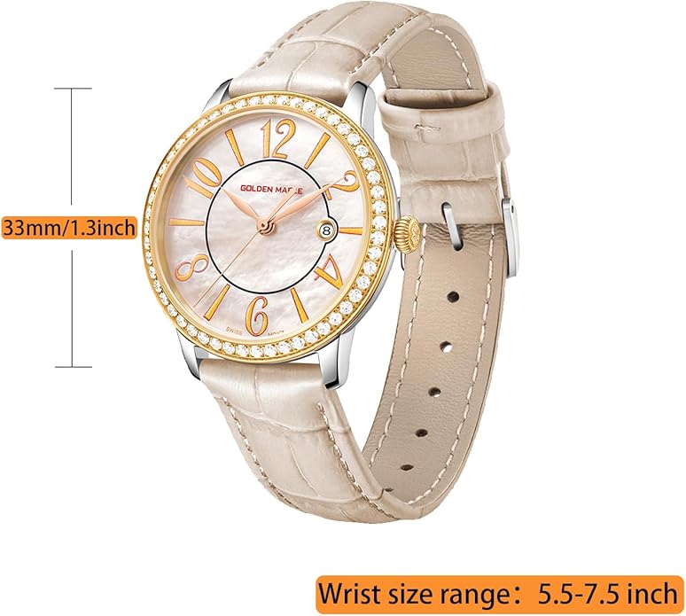 GOLDEN MAPLE Dainty Watches for Women, Mother-of-Pearl Dial and Swiss Quartz Movement, Ladies Watch with Leather Strap