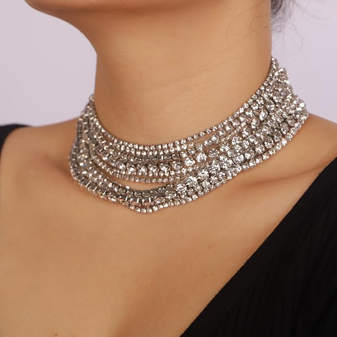 Boho Fashion Prom Shinny Luxury Rhinestones Choker Necklace Dainty Layered Sexy Body Chain Choker Necklace Dainty Gold Silver Halloween Christmas Necklace Gift for Women