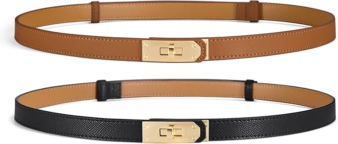 Skinny Leather Belts for Women with Adjustable Silver Turn-Lock Buckle for Dresses Jeans and Pants