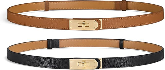 Skinny Leather Belts for Women with Adjustable Silver Turn-Lock Buckle for Dresses Jeans and Pants