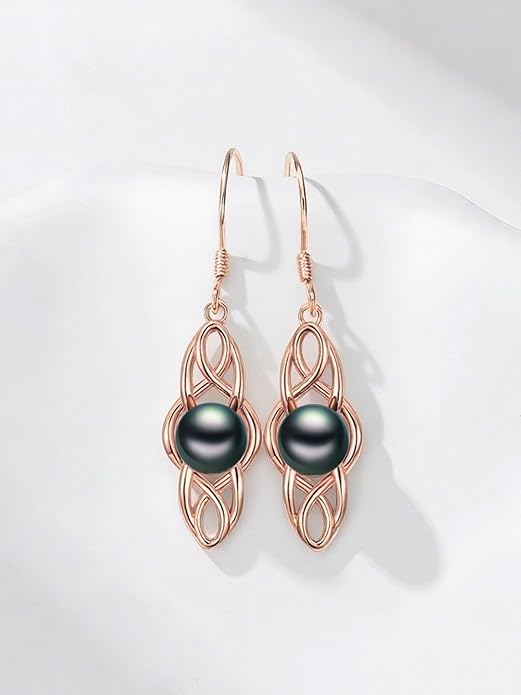 Tahitian Black Pearl AAAA 18K Gold Plated Sterling Silver Dangle Drop Earrings for Women Wife Mom Girlfriend Valentine Her Jewelry Gift for Anniversary Birthday Christmas