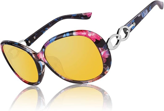 CGID Night Driving Glasses Women,Anti Glare Polarized Nighttime Vision Yellow Trendy Oversized Lens UV400,Floral