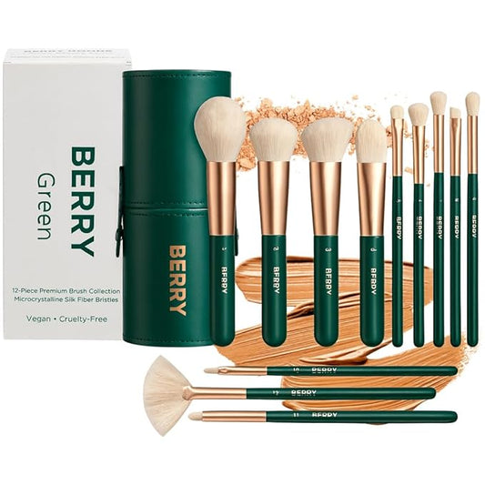BERRY GOODS 12-Piece Makeup Brush Set with Microcrystalline Silk Fibers – Ultra-Soft, Vegan & Cruelty-Free Face & Eye Brushes with Travel Case (BERRY Green)