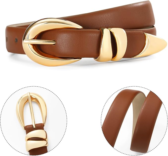 Belts for Women with Gold Buckle – Adjustable Black leather Belt for Jeans, Dress, Pants