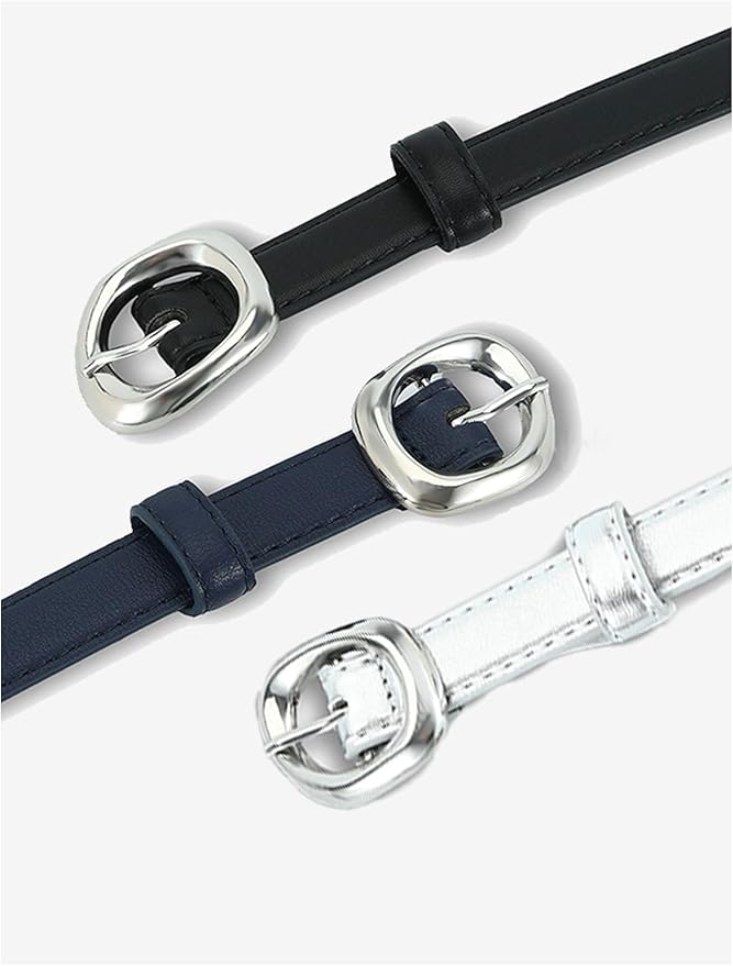 Thin Belt for Women Jeans Faux Leather Ladies Skinny Waist Belts for Dresses Pants with Trendy Gold/Silver Buckle
