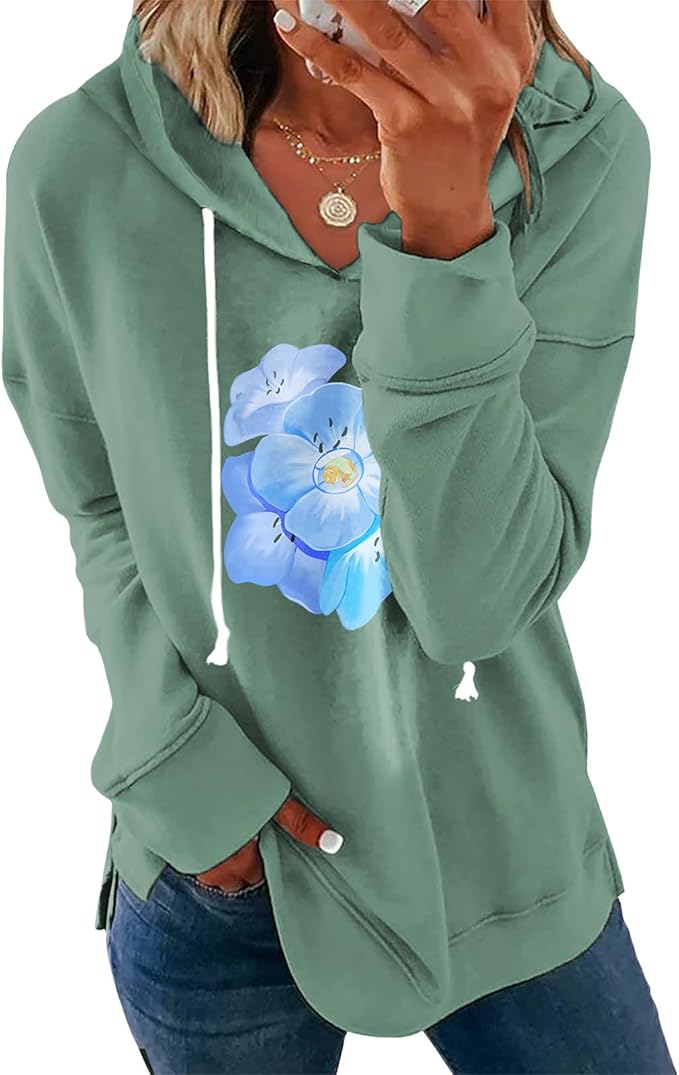 Womens Black Floral Print Hoodie Long Sleeve Cotton Blend Pullover Sweatshirt Loose Fit Casual Top For Everyday Wear