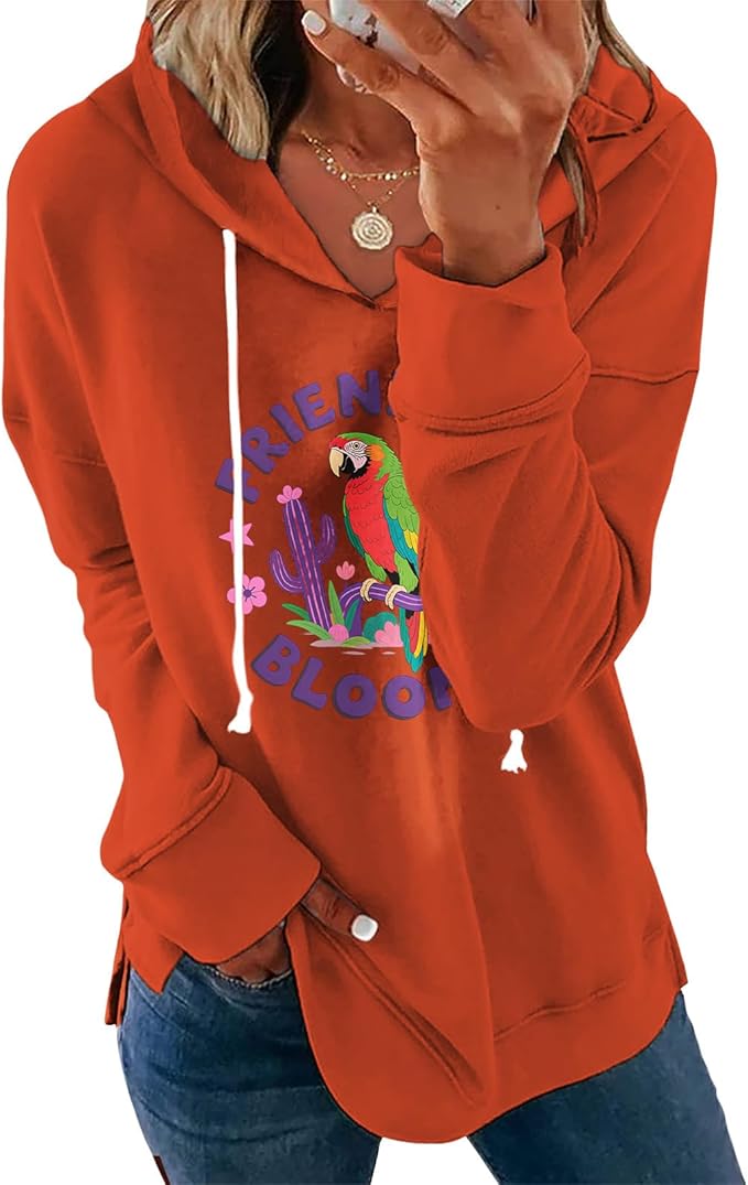 Womens Casual Loose Fit Pullover Sweatshirt with Artistic Print Drawstring Hood Long Sleeve Cotton Blend for Fall