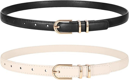2 Pack Women Skinny Leather Belts for Jeans Pants Thin Faux Leather Belt with Gold Buckle