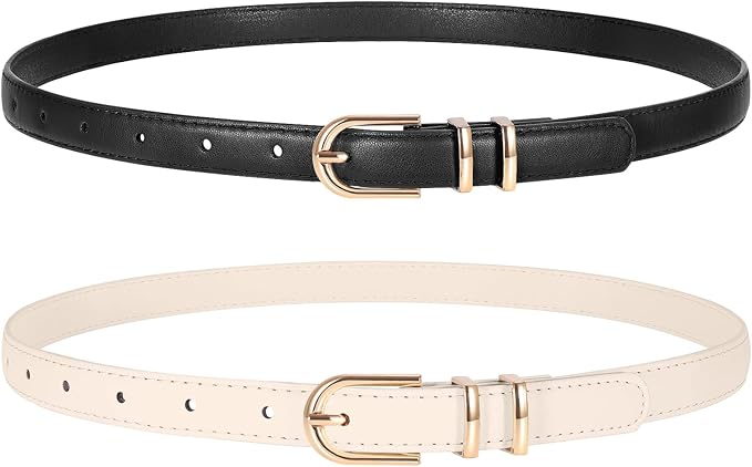 2 Pack Women Skinny Leather Belts for Jeans Pants Thin Faux Leather Belt with Gold Buckle